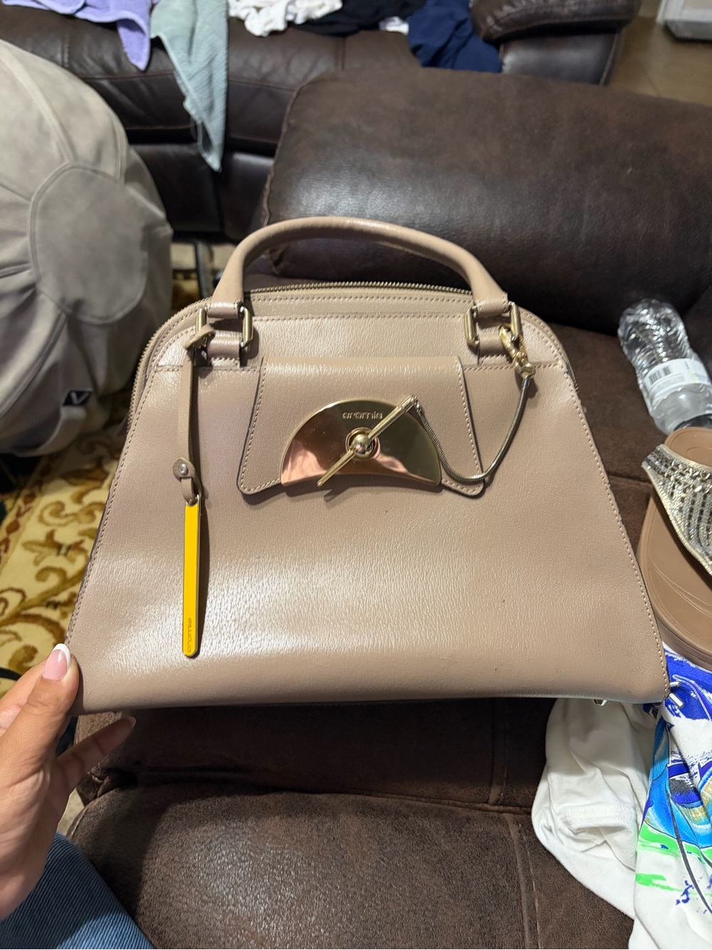 Structured Taupe Satchel with Gold-Tone Hardware